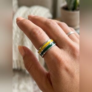 Stainless Steel Band Ring Silver with Yellow and Green Accents US Size 5